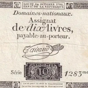 Billet France 10 Livres Noir - Filigrane Fleur de Lys - (24-10-1792) - Sign. Taisaud - Série 1283 - L.161a Petit Prix