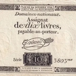 Prix Bas Billet France 10 Livres Noir - Filigrane Fleur de Lys - (24-10-1792) - Sign. Taisaud - Série 3803 - L.161a