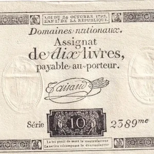 Billet France 10 Livres Noir - Filigrane Fleur de Lys - (24-10-1792) - Sign. Taisaud - Série 2389 - L.161a Expédition Rapide