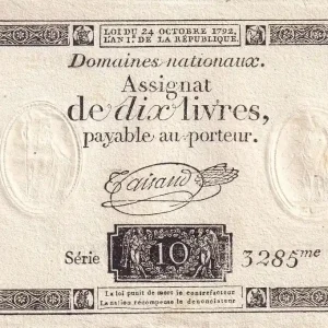 Billet France 10 Livres Noir - Filigrane Fleur de Lys - (24-10-1792) - Sign. Taisaud - Série 3285 - L.161a Commande En Gros