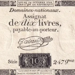 Billet France 10 Livres Noir - Filigrane Fleur de Lys - (24-10-1792) - Sign. Taisaud - Série 2479 - L.161a Solde