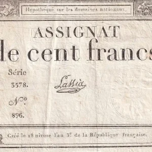 Billet France 100 Francs - 18 Nivose An III - (07.01.1795) - Sign. Lassia - Série 3578 - L.173 Original