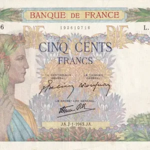 Billet France 500 Francs - La Paix - 07-01-1943 - Série L.7705 - F.32.44 Achetez Aujourd’hui