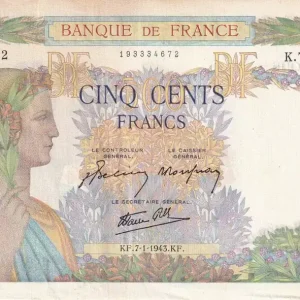Produit De Marque Billet France 500 Francs - La Paix - 07-01-1943 - Série K.7734 - F.32.44