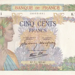 Billet France 500 Francs - La Paix - 07-01-1943 - Série K.7734 - F.32.44 Petit Prix