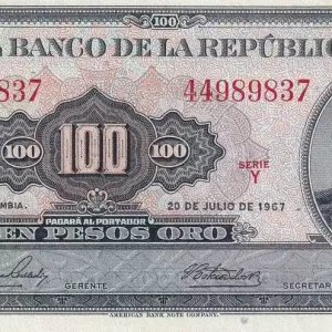 Artisanat Billet Colombie 100 Pesos Oro - Général Santander - 20-07-1967 - Série Y - P.403c
