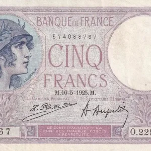 Billet France 5 Francs - Violet - 16-05-1925 - Série O.22964 - F.03.09 Achetez Aujourd’hui