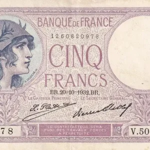Prix Promo Billet France 5 Francs - Violet - 20-10-1932 - Série V.50433 - F.03.16