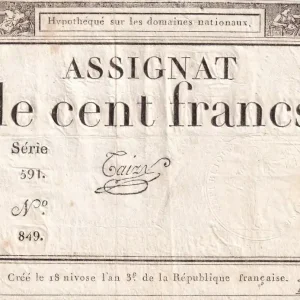 Billet France 100 Francs - 18 Nivose An III - (07.01.1795) - Sign. Taizy - Série 591 - L.173 Nouveauté