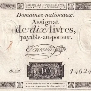 Billet France 10 Livres Noir - Filigrane République (24-10-1792) - Série 14624 - Sign. Taisaud Acheter En Ligne