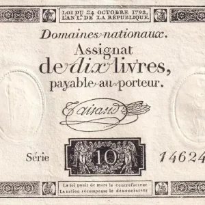 Billet France 10 Livres Noir - Filigrane République (24-10-1792) - Série 14624 - Sign. Taisaud Pas Cher