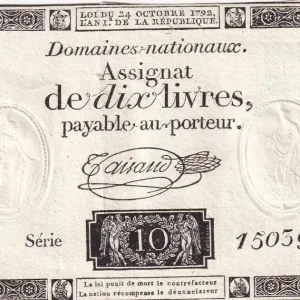 Billet France 10 Livres Noir - Filigrane République (24-10-1792) - Série 15039 - Sign. Taisaud Quantité Limitée