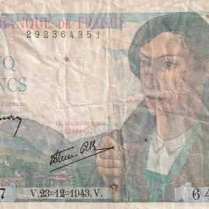 Billet France 5 Francs Berger - 23-12-1943 Série Z.117 - F.5.05 Original