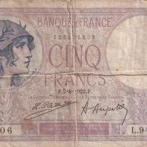 Billet France 5 Francs - Violet - 02-08-1922 - Série L.9422 - F.03.06 Affaire À Saisir