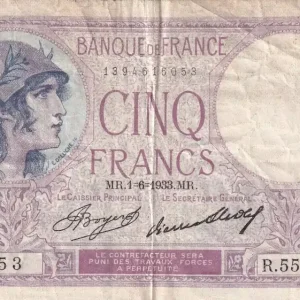 Billet France 5 Francs - Violet - 01-06-1933 - Série R.55785- F.03.17 Seulement Aujourd’hui