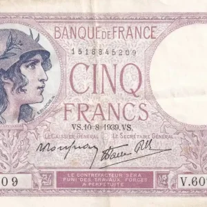 Billet France 5 Francs - Violet - 10-08-1939 - Série V.60754 - F.04.05 Commander Vite