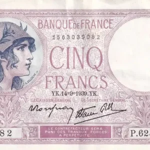 Promotion Billet France 5 Francs - Violet - 14-09-1939 - Série P.62522-082 - F.04.08