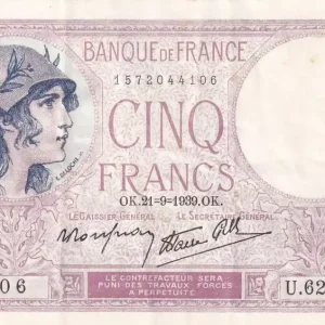 Billet France 5 Francs - Violet - 21-09-1939 - Série P.62882 - F.04.09 Top Vente