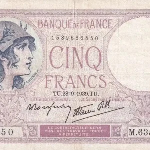 Billet France 5 Francs - Violet - 28-09-1939 - Série M.63588 - F.04.10 Top Qualité