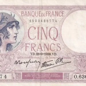 Billet France 5 Francs - Violet - 28-09-1939 - Série O.63620-774 - F.04.10 Commander Vite