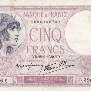 Billet France 5 Francs - Violet - 28-09-1939 - Série O.63620-766 - F.04.10 Offre Exclusive