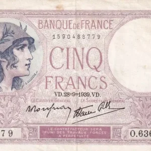 Billet France 5 Francs - Violet - 28-09-1939 - Série O.63620-779 - F.04.10 Marque