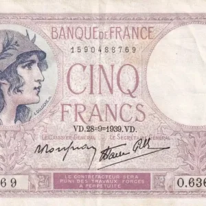 Billet France 5 Francs - Violet - 28-09-1939 - Série O.63620-769 - F.04.10 Prix Bas