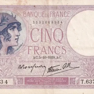 Dernière Chance Billet France 5 Francs - Violet - 05-10-1939 - Série T.63715 - F.04.11