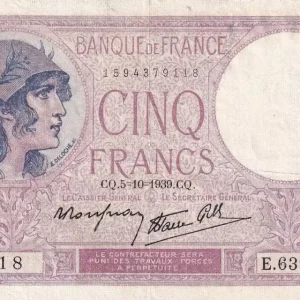Billet France 5 Francs - Violet - 05-10-1939 - Série E.63776 - F.04.11 Remise