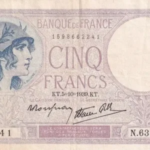 Commander Vite Billet France 5 Francs - Violet - 05-10-1939 - Série N.63947 - F.04.11