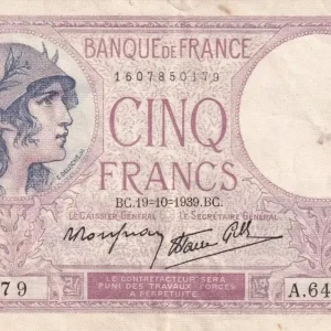 Billet France 5 Francs - Violet - 19-10-1939 - Série A.64315 - F.04.12 Offre Spéciale
