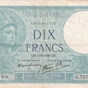 Billet France 10 Francs - Minerve - 05-10-1939 - Série G.73760 - F.07.10 Meilleure Vente