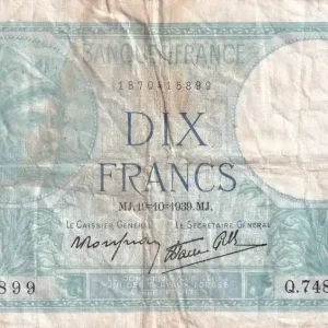 Commander Maintenant Billet France 10 Francs - Minerve - 19-10-1939 - Série Q.74817- F.07.12