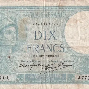 Billet France 10 Francs - Minerve - 10-10-1940 - Série J.77134 - F.07.16 Promotion Saisonnière