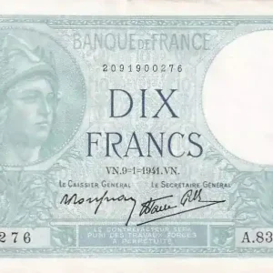 Billet France 10 Francs - Minerve - 09-01-1941 - Série A.83677 - F.07.27 Solde