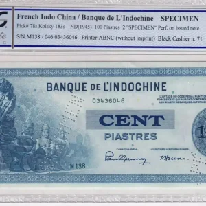 Prix Réduit Billet Indo-Chine Fr. 100 Piastres - (ND1945) - Spécimen - PCGS UNC 63