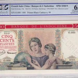 Billet Indo-Chine Fr. 500 Piastres - à plats rouges - Eléphants - Spécimen - ND (1951) - PCGS 63 OPQ Expédition Rapide