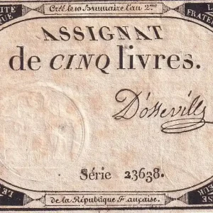Billet France 5 Livres- 10 Brumaire An II (31-10-1793) - Sign D'osseville - Série 23638 - L.171 Nouveauté
