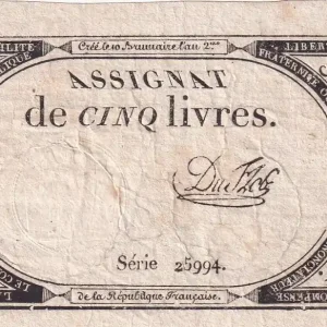 Prix Réduit Billet France 5 Livres- 10 Brumaire An II (31-10-1793) - Sign Duflog - Série 25994 - L.171