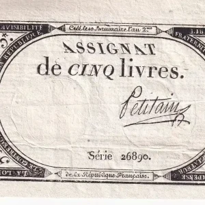 Authentique Billet France 5 Livres- 10 Brumaire An II (31-10-1793) - Sign Petitain - Série 26890 - L.171