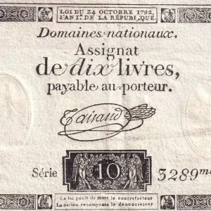 Original Billet France 10 Livres Noir - Filigrane Fleur de Lys - (24-10-1792) - Sign. Taisaud - Série 3289 - L.161a