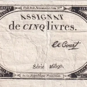 Livraison Express Billet France 5 Livres- 10 Brumaire An II (31-10-1793) - Sign Lecourt - Série 26890 - L.171