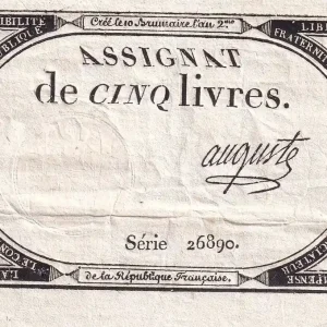 Promotion Saisonnière Billet France 5 Livres- 10 Brumaire An II (31-10-1793) - Sign Auguste - Série 26890 - L.171