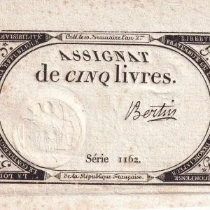 Offre Limitée Billet France 5 Livres- 10 Brumaire An II (31-10-1793) - Sign Bertin - Série 1162 - L.171