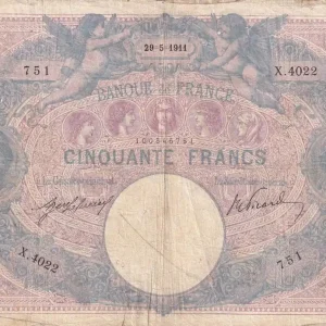 Original Billet France50 Francs - Bleu et Rose - 29-05-1911 - Série X.4022 - F.14.24a