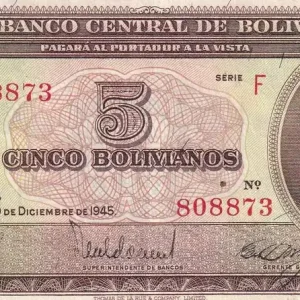 En Vogue Billet Bolivie 5 Bolivianos - Simon Bolivar - 1945 - Série F - P.138a