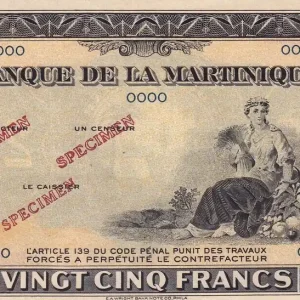 Top Vente Billet Martinique 25 Francs - Agriculture - ND (1943) - Spécimen OOOO - P.17s