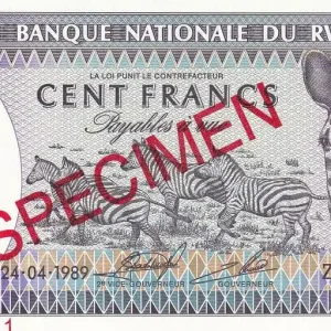 Billet Rwanda 100 Francs - Zèbres - Spécimen - 1989 - P.19s Gros Lot