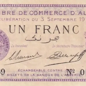 Billet Algérie 1 Franc - Chambre de commerce d'Alger - 1914 - Série 369 - P.137-1 Petit Prix