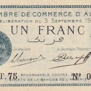 Billet Algérie 1 Franc - Chambre de commerce d'Alger - 1914 - Série T.75 - P.137-4 Prix Promo